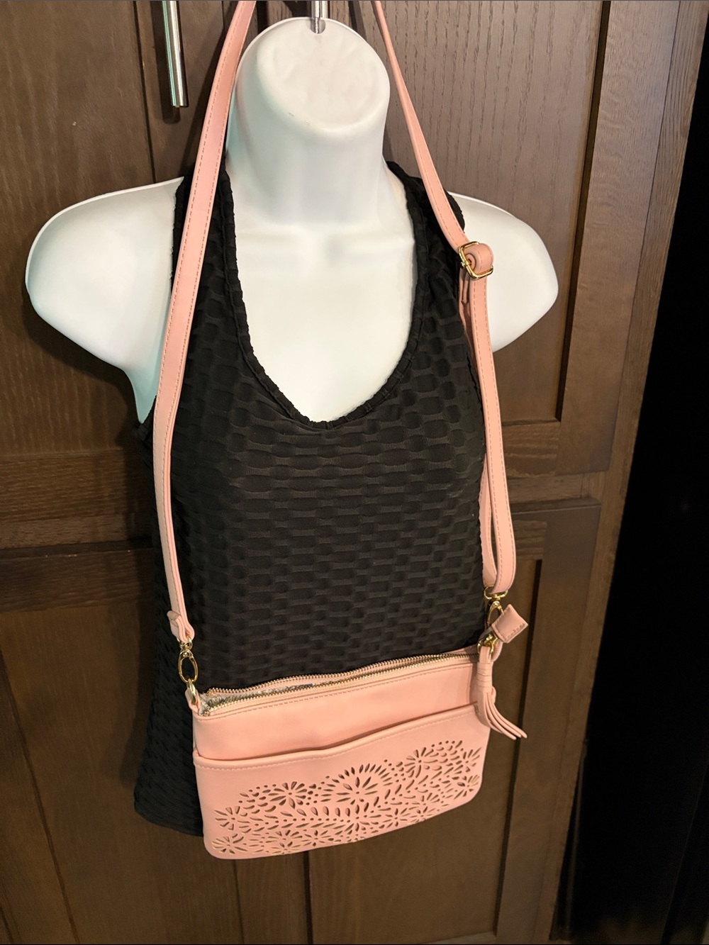 Women's Pink Laser-Cut Crossbody with Adjustable Strap and Tassel